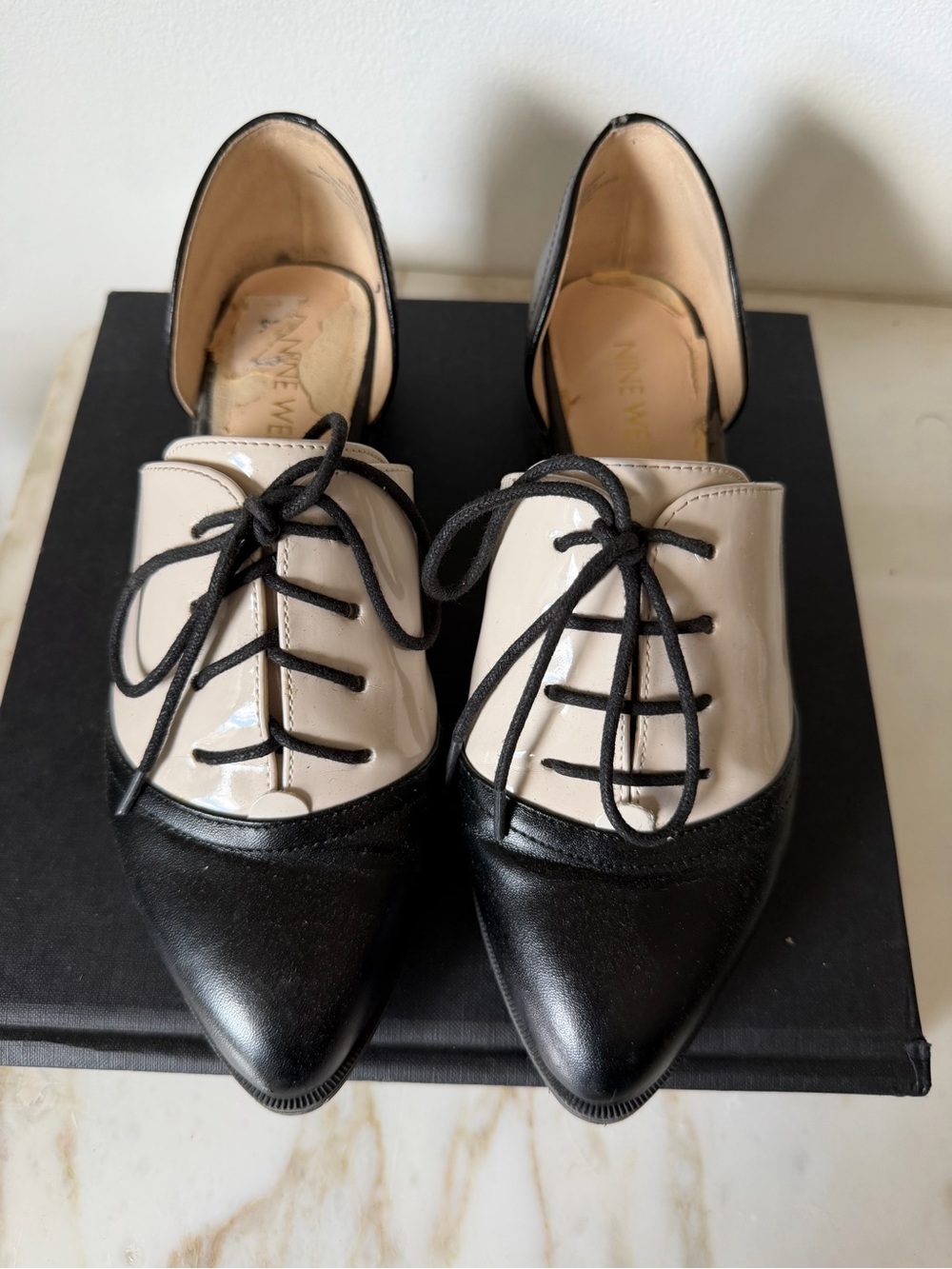Nine West Two-Tone Patent Lace-Up Pointed Flats - Black & Cream